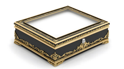A rectangular wooden photo frame with gold trim, featuring a hinged lid and a blank white canvas inside the picture area design. The base of the box is black wood design,
