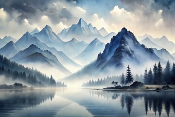 Serene Ink Wash Painting of Mountains and Water with Soft Brushstrokes and Subtle Gradients of Gray