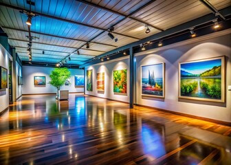 Serene Interior of a Modern Art Gallery Showcasing Vibrant Exhibits and Elegant Architectural Design