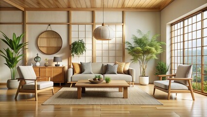 Serene Japandi Decor Featuring Minimalist Furniture, Natural Textures, and Calm Color Palette Harmony