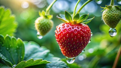 A Delicate Ripe Strawberry Hanging from a Stem, With a Drop of Water Glistening Below, and Another Immature Strawberry Nearby, Surrounded by Lush Green Foliage and Sun-Kissed Bokeh.