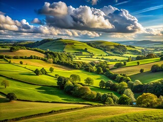 Fototapeta premium Serene Landscape of Wolyn Countryside with Rolling Hills and Lush Green Fields Under Blue Sky