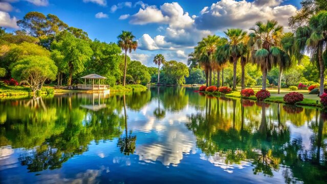 Serene Landscape View of Altamonte Park with Lush Greenery and Calm Reflections on the Water