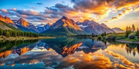 Serene Landscape with Majestic Mountains and Reflective Lake Under a Bright Blue Sky at Sunset