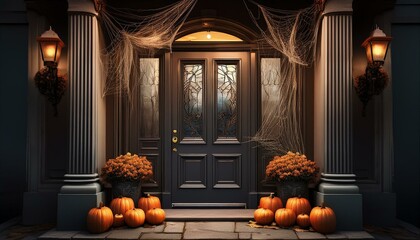 Porte d'entrée d'une maison, décorée de citrouilles d'Halloween
