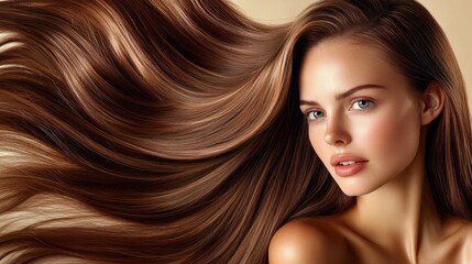 Naklejka premium Beautiful Woman with Flowing Brown Hair