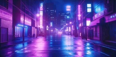 Fototapeta premium Neon-lit alleyway with wet pavement in a city at night