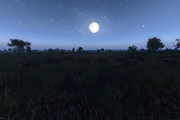 A pack of hyenas hunt under the light of the moon in a grassy savanna.