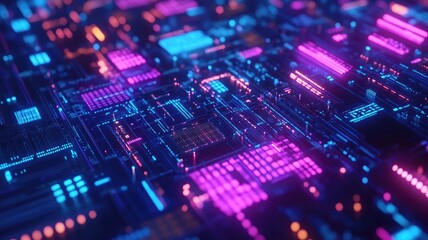 Fototapeta premium Abstract Neon Circuit Board with Glowing Lines and Dots