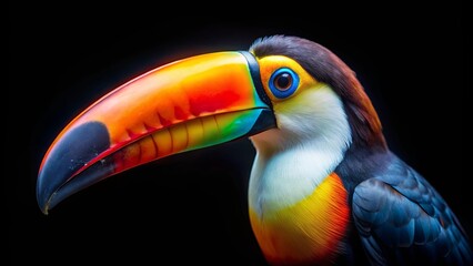 Fototapeta premium A Vibrant Toucan With a Strikingly Large Beak Against a Dark Background, a Symphony of Colors in the Animal Kingdom