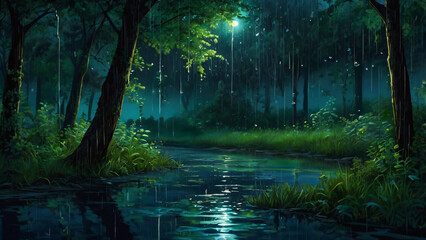Obraz premium Rain in a forest, relaxing , quiet and serene atmosphere
