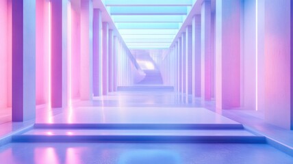 Obraz premium Neon-Lit Hallway with Staircase and Platform
