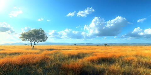 Obraz premium A lone tree stands tall in a vast, golden savanna under a bright blue sky, offering a sense of tranquility and vastness.