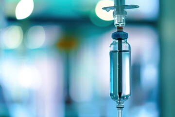 IV infusion drip with clear liquid on a blurred hospital background. Concept of medical treatment, healthcare, and patient care.