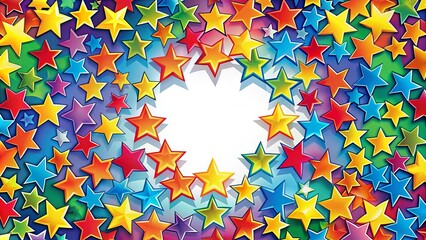 A radiant display of colorful stars creates a celebratory backdrop, with a central space for a message or graphic.