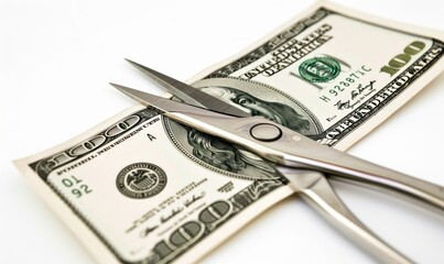 Scissors cutting a one-hundred dollar bill on a white background. Concept of financial crisis, budget cuts, and economic downturn.