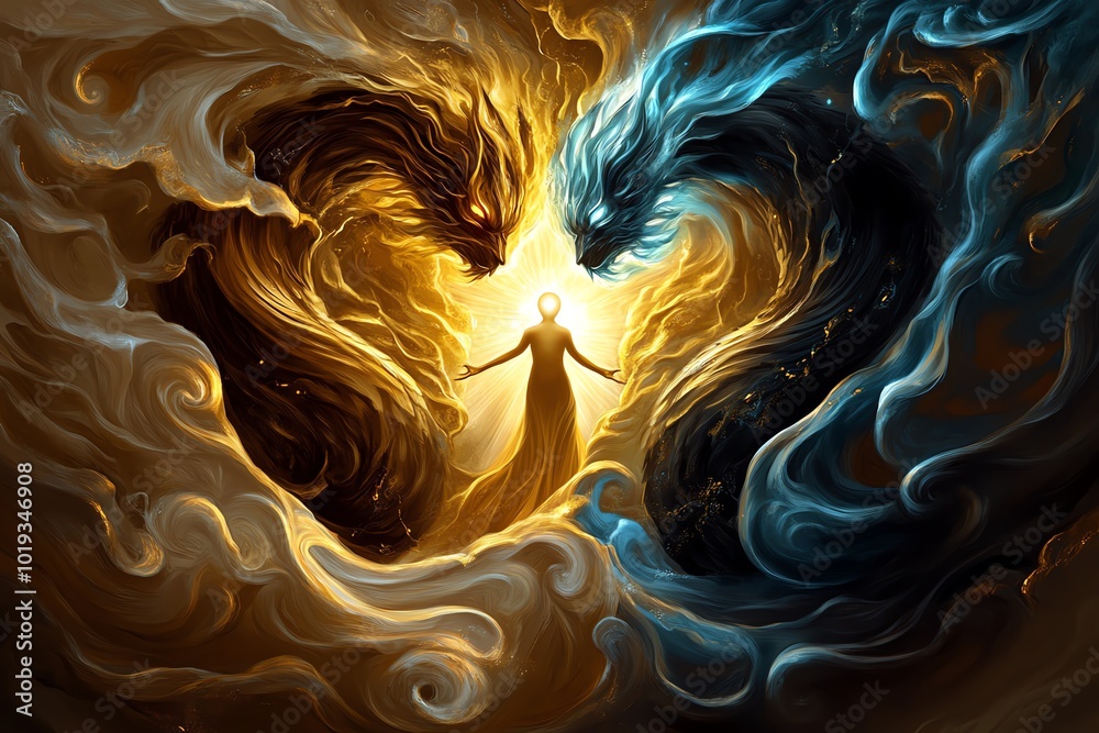 Poster fantasy depiction of a glowing figure standing between two towering forces of light and shadow, repr