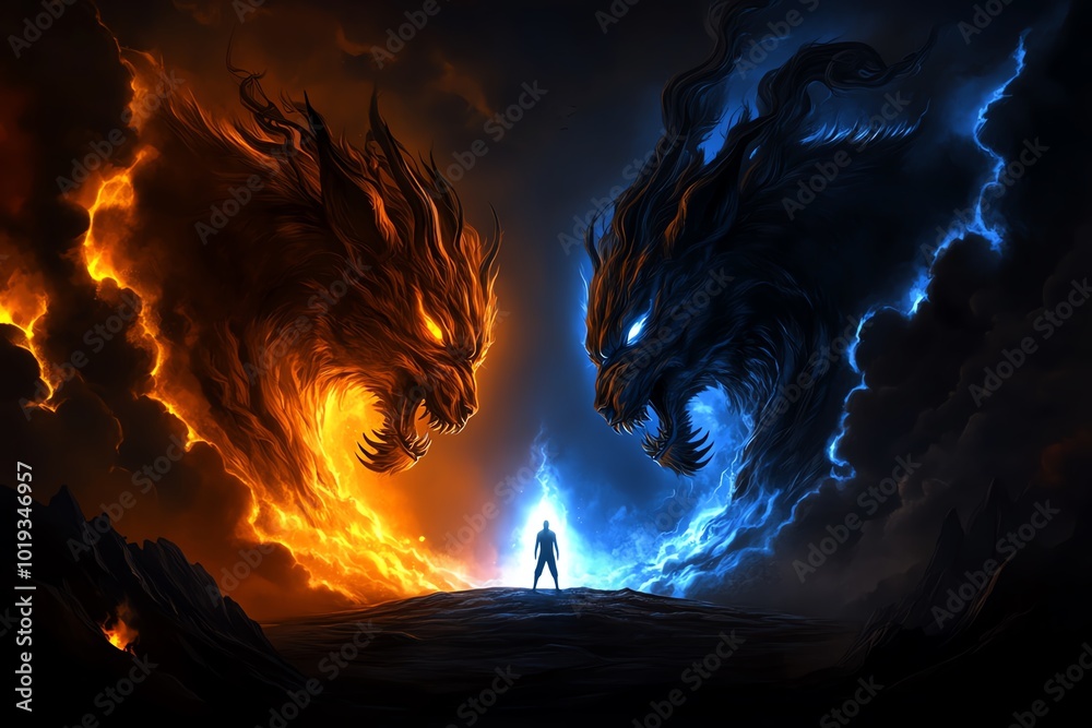 Poster fantasy depiction of a glowing figure standing between two towering forces of light and shadow, repr