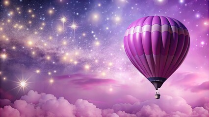 Obraz premium A single hot air balloon glides serenely through a celestial expanse, its vibrant purple hue contrasting with the ethereal glow of distant stars and a swirling, dreamlike cloud field.