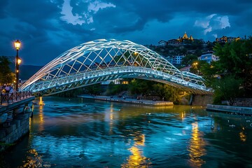 Naklejka premium Bridge over the river at night in Tbilisi, Georgia.
