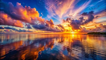 Serene Sunset Over Calm Waters with Vibrant Colors and Majestic Clouds for Stunning Desktop Wallpaper