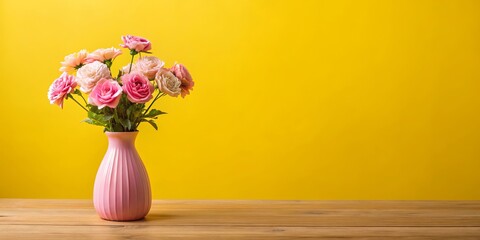 A Pink Vase Filled with Delicate Flowers Resting on a Wooden Table Against a Yellow Background