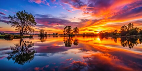 Fototapeta premium Serene Sunset Over Tranquil Lake with Silhouetted Trees and Reflective Water Surface in Nature