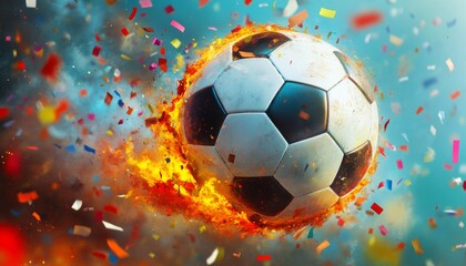 Fototapeta premium A flaming soccer ball with confetti flying around it.