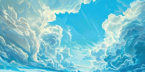 Vast blue sky filled with fluffy, cumulus clouds illuminated by sunlight. Concept of serenity, freedom, and natural beauty.