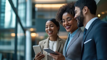 Fototapeta premium Asian and African American professionals benefiting from AI-powered banking, streamlining financial management with automated solutions