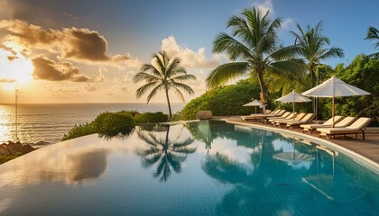 Hôtel élégant, belle piscine avec chaises longues et parasols, ambiance tropicale.