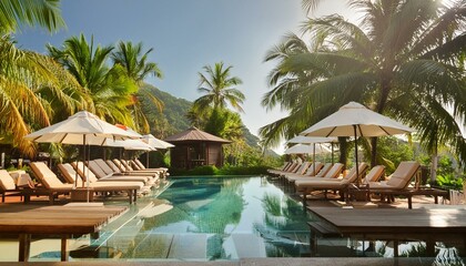 H&ocirc;tel &eacute;l&eacute;gant, belle piscine avec chaises longues et parasols, ambiance tropicale.