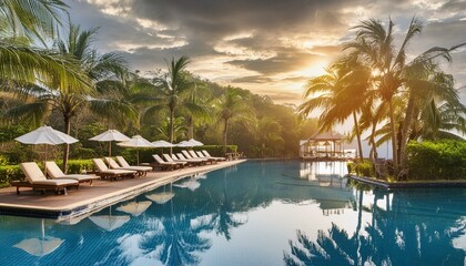 H&ocirc;tel &eacute;l&eacute;gant, belle piscine avec chaises longues et parasols, ambiance tropicale.