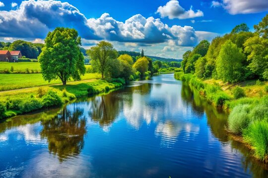 Serene View of Yser River Flowing Through Lush Greenery Under a Bright Blue Sky in Belgium