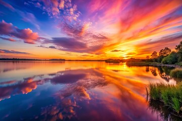 Serene Watercolor Sunset Over Tranquil Waters with Vibrant Hues of Orange, Pink, and Purple Tones