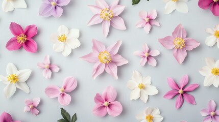 Colorful spring blossoms arranged in a harmonious pattern. Soft pink, white, and purple flowers create a fresh and lively ambiance.