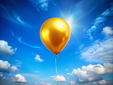 Shimmering golden balloon floating against a bright blue sky, symbolizing celebration and joy