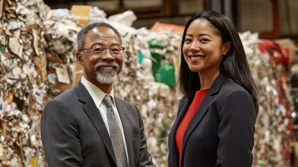 Asian and African American professionals driving circular economy initiatives in the tech industry, promoting recycling and sustainable innovation