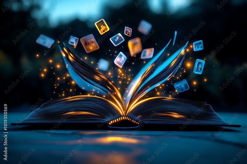 Aufkleber Fantasy depiction of a magical book glowing with light, with memories from yesterday floating out of the pages and forming dreamlike images in the air, symbolizing the power of revisiting the