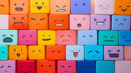 A wall of colorful blocks with different drawn-on faces.