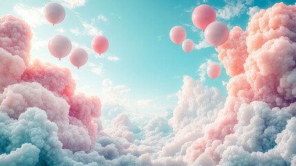 Pink Balloons Floating Above Fluffy Clouds in a Pastel Sky