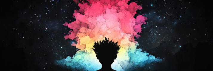 Obraz premium Silhouette of a person against a colorful sky with stars.