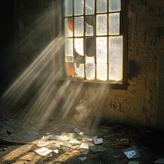 Sunlight Through Broken Window in Abandoned Building