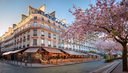 Charmante rue de Paris, avec des arbres en fleurs et la terrasse d'un café