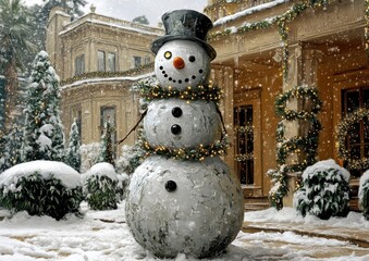 Naklejka premium Elegant Snowman in Front of Snow-Covered Mansion with Top Hat and Scarf on a Winter Day - Perfect Holiday Season Image