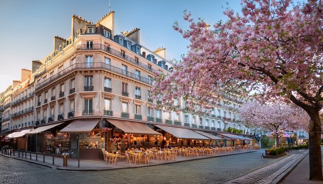 Charmante rue de Paris, avec des arbres en fleurs et la terrasse d'un caf&eacute;