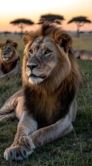 Fototapeta premium A majestic lion with a thick mane lies in the tall grass, gazing into the distance. The golden light of the setting sun creates a warm glow.
