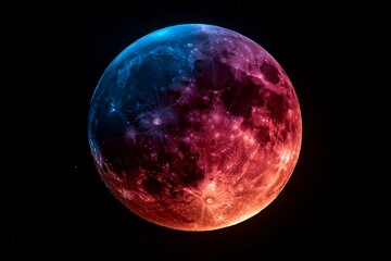 Fototapeta premium Hyper-realistic close-up of a blood-red moon in the night sky, with intricate details of its surface illuminated by a deep crimson glow