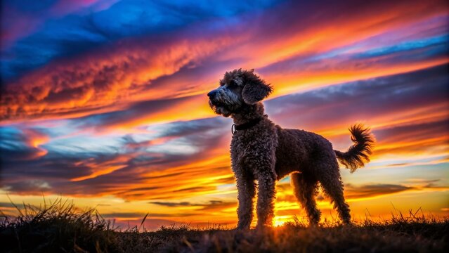 Silhouette of a Whoodle Dog Against a Colorful Sunset Sky in a Tranquil Outdoor Setting