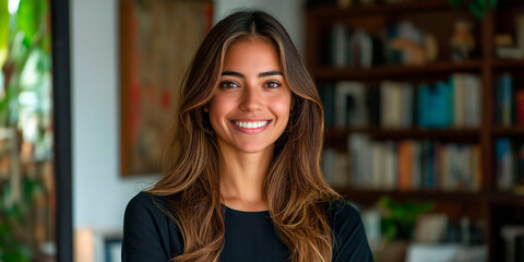 Young Latina lawyer posing near full bookcase